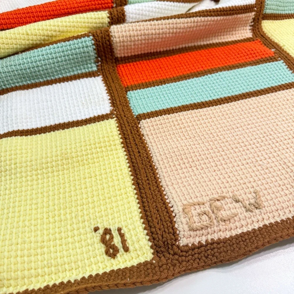 VTG MCM Mid-Century Square Crochet Afghan Blanket 54x63 Orange Geometric Retro‎